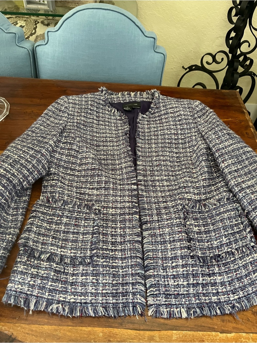 Focus 2000 Blue and White Tweed Fringe Blazer